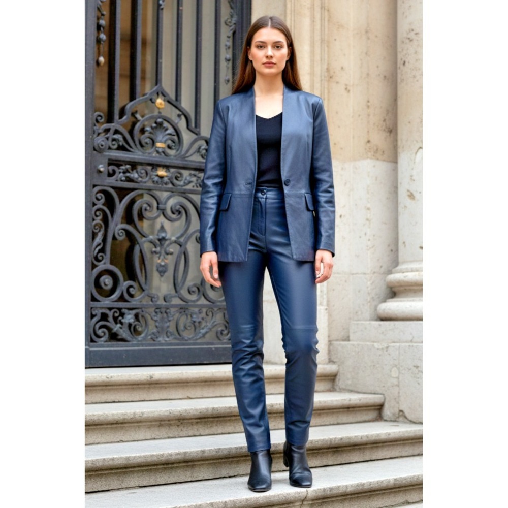 ST. JOHN Size 16 Nappa Lamb Leather Blazer Jacket Fall 2012 Lapis Blue metallic